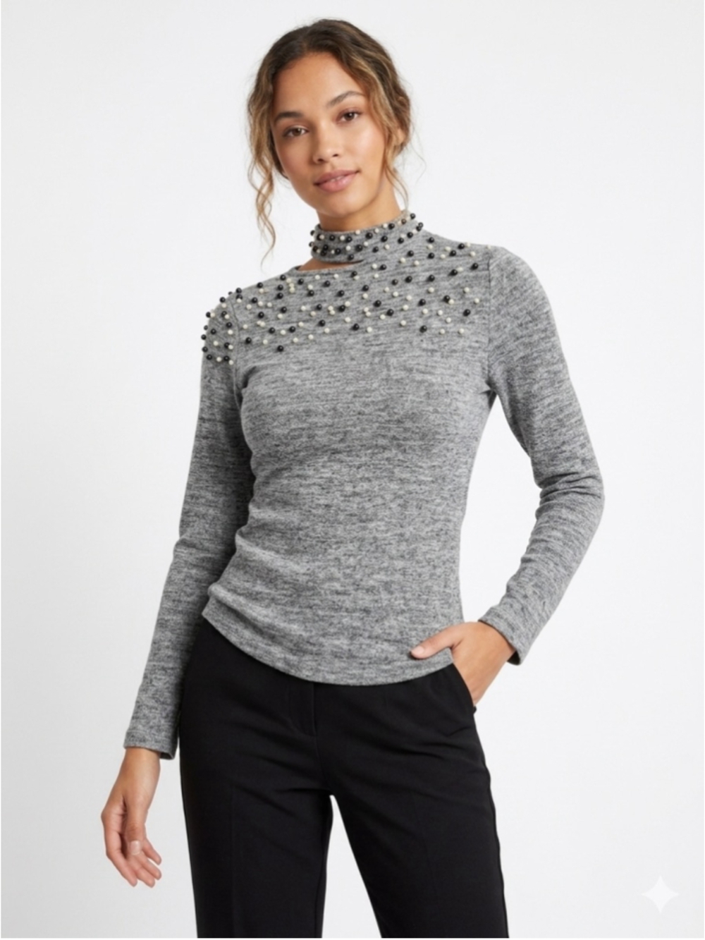 Women's Red Balance Faux Pearl Embellished Cutout Mock Neck Top Gray Medium- 699